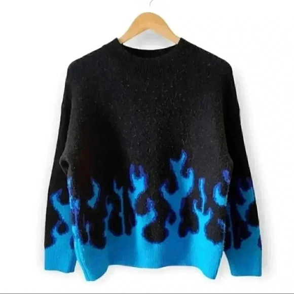 SHEIN Oversized Sweater Crewneck Pullover Flame Print Black Blue Size Small - Picture 2 of 16
